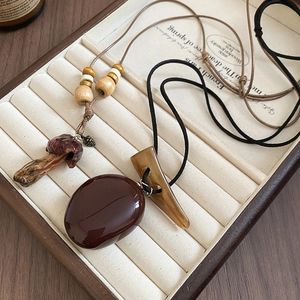 Vintage resin mushroom pendant necklace with wooden beads and natural style design