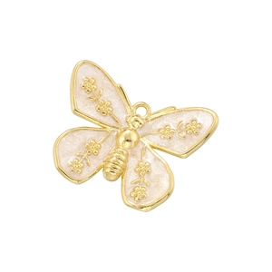 Sweet gold-plated butterfly pendant with white enamel inlay and floral relief pattern