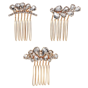 Set di tre pettini per capelli da sposa dorati con cristalli a goccia e strass lucidi