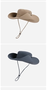 Detail of outdoor sun hat featuring adjustable chin strap, metal vents and wide brim