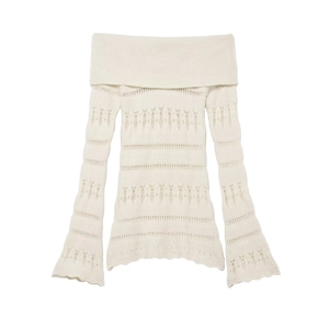 White off-shoulder hollow-out knit sweater with long flare sleeves and wavy hem design