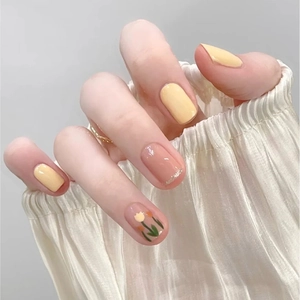 Resin Short Square Round Press On Nails Yellow Tulip Pattern French Style Glitter Decorative Manicure For Women