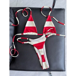 Striped Halter Neck Two Piece Bikini Set Women Triangle Cup Swimsuit With Metal Ring High Cut Beachwear Polyester Spandex