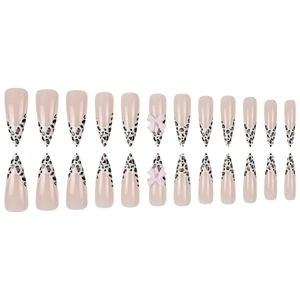 French leopard print press-on nails with pink bows in long stiletto almond shape