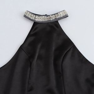 Elegant black halter satin evening dress with shimmering rhinestone neckline detail