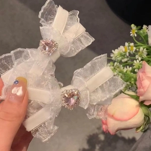 Sweet Bow Hair Clips Lace Satin Ribbon Rhinestone Heart Decor Duckbill Hairpin Side Bangs Accessories Women Girls