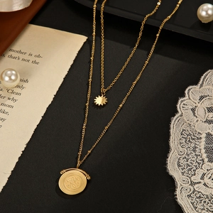 Double Layer Necklace 304 Stainless Steel Gold Sun Star Round Coin Medallion Pendant Retro Aesthetic Fashion Jewelry