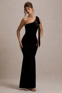 Robe de soirée élégante en velours noir à une épaule avec nœud et coupe ajustée longue au sol