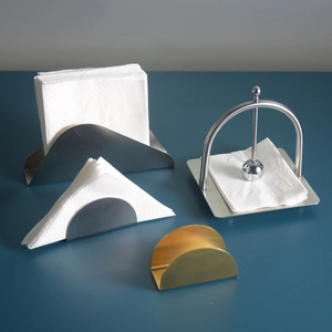 Modern stainless steel and gold napkin holders set in various geometric minimalist styles