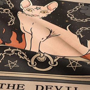 Close-up of the Sphinx cat tarot tapestry showing fine twill fabric and vibrant print detail