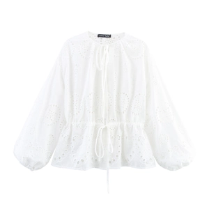 Women White Eyelet Embroidery Blouse French Style Hollow Out Lantern Sleeve Drawstring Waist Long Sleeve Elegant Top