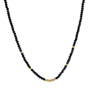 Handmade beaded necklace with faceted black rhinestones and elegant gold beads in a U-shape