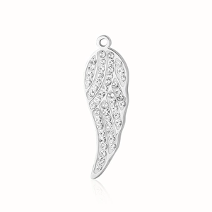 Detail view of silver angel wing pendant with sparkling clear rhinestones on white background