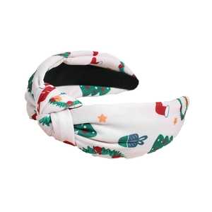 Chic Christmas knot headband with festive tree and gift prints on beige fabric