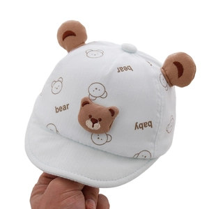 Cute light blue baby bear baseball cap with cartoon prints and soft 3D bear ears