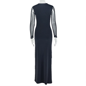 Detail view of the sheer mesh long sleeves and slim-fit back design of the black maxi dress