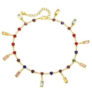 Golden anklet with colorful round crystals and rectangular pendant charms on white backdrop
