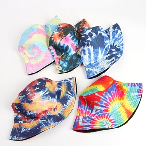 Colorful tie-dye fisherman bucket hats in various patterns for outdoor sun protection