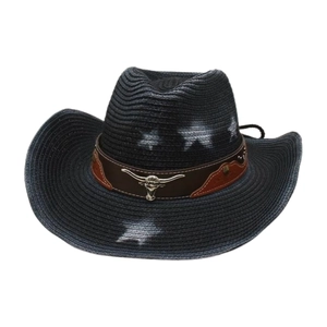 Straw cowboy sun hat with white star print and silver bull head metal emblem decoration