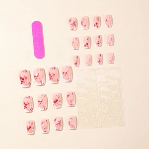 Square white French false nails with red blood stain patterns and application tool kit