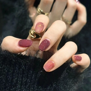 Short Square Press On Nails Cherry Red Wine Shimmer Gradient Glossy False Nails For Women
