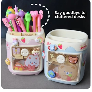 Macro detail of cute cartoon desk organizer with drawers and 3D strawberry stickers
