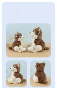 Detail showing two sizes of brown husky plush toys with blue eyes and soft faux fur