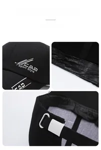 Close-up of black sports baseball cap showing embroidery, sweatband, and metal buckle