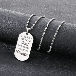 Silver stainless steel dog tag necklace with laser engraved message for Dad in black background