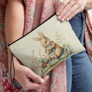 Linen canvas cosmetic bag with Easter bunny print and wristlet for women storage