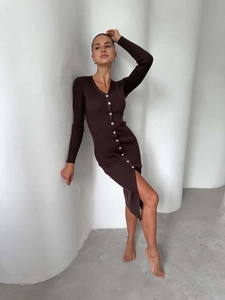 Vestido Midi De Punto Canalé Con Cuello En V Y Botones Manga Larga Abertura Ajustado Para Mujer