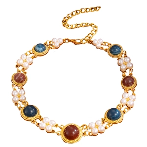 Vintage double layer necklace with gold chain, colorful stones and faux pearls in court style