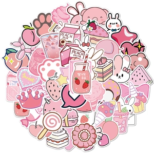 Autocollants Dessin Animé Rose Imperméable PVC Décalcomanies Pour Ordinateur Valise Guitare Mignon Esthétique Rose Fille Style Décoratif Graffiti Étiquettes