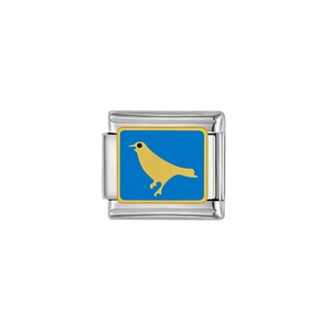 Italian modular stainless steel charm link with gold bird on blue enamel background