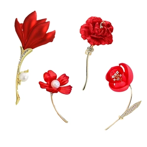 Elegant Chinese red flower brooches set with matte petals, gold stems, and white pearls