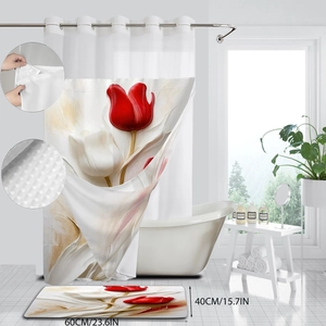 Detail of red tulip shower curtain with matching 60x40cm non-slip bathroom mat set