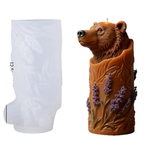 Brown bear head candle silicone mold with lavender embossed base for DIY candle making
