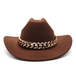 Detailed view of dark brown felt fedora featuring a bold gold chain band embellishment