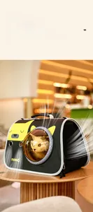 Detail of portable cat carrier with breathable mesh and transparent space capsule window