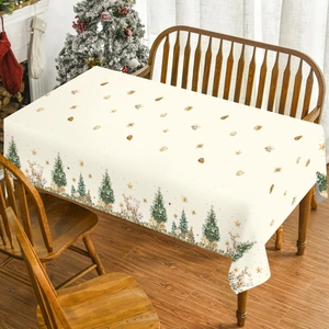 Christmas Tablecloth Rectangular Waterproof Polyester Festive Reindeer Tree Pattern Dining Room Decor Cream Beige