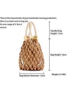 Handmade woven cotton rope bucket bag with wooden handle and drawstring liner