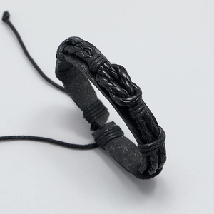 Vintage multilayer black leather woven bracelet for men with central knot design