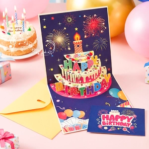 3D pop-up birthday card with light and music featuring a colorful cake and fireworks design