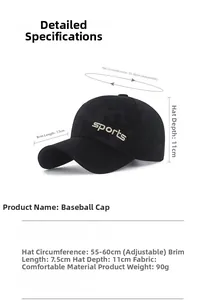 Detail view of black camouflage baseball cap with sports embroidery and size chart