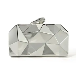 Chic silver geometric evening clutch bag with metallic chain strap and crystal clasp