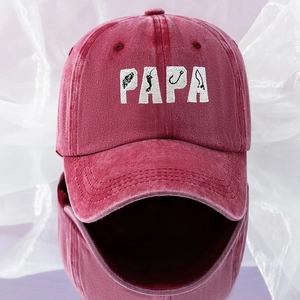 Washed burgundy baseball cap with PAPA fishing embroidery for outdoor sun protection