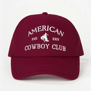 Burgundy trucker hat with American Cowboy Club 3D white embroidery and mesh back