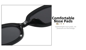 Close-up of the smooth integrated nose pads on black cat-eye millennial sunglasses