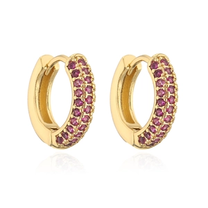 Detail of gold-plated hoop earrings with multi-row purple zircon pavé setting