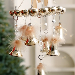 Champagne gold Christmas bell ornament with feathers and beads for tree decoration